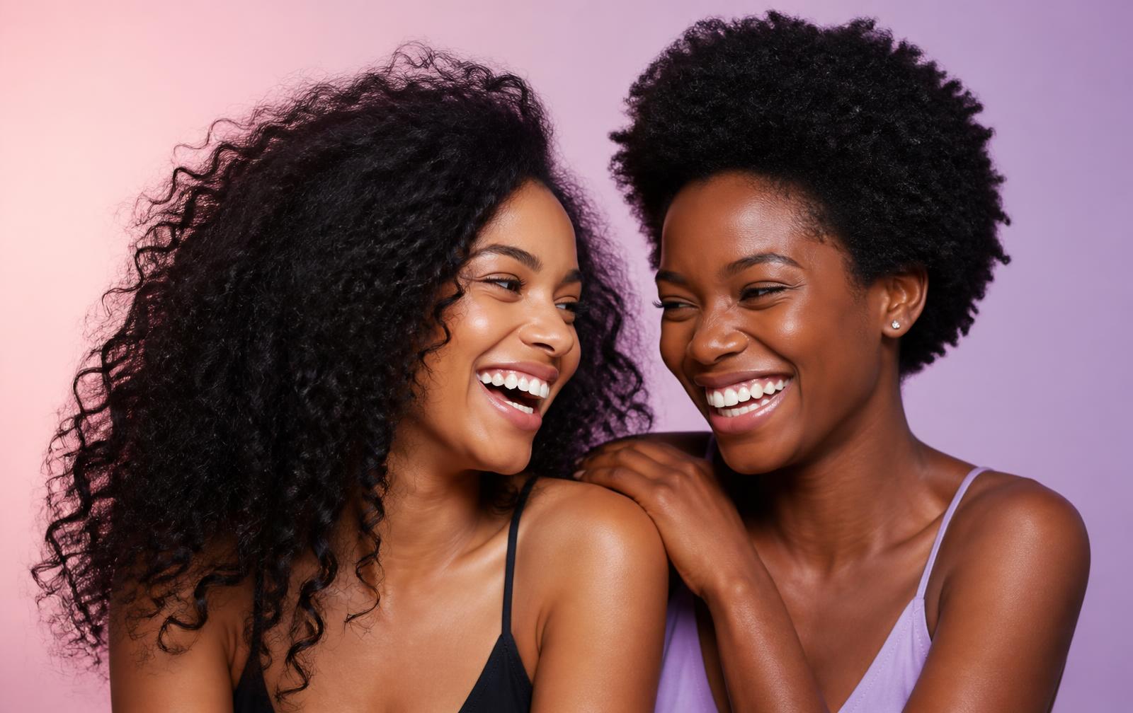 Duas mulheres de cabelos cacheado e crespo sorrindo juntas
