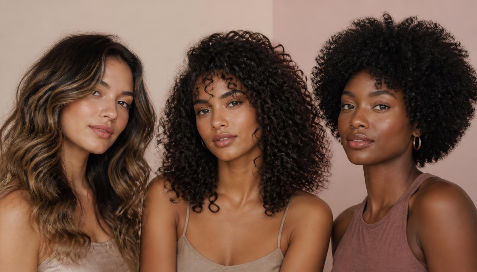 Três mulheres com curvaturas diferentes: ondulada, cacheada e crespa