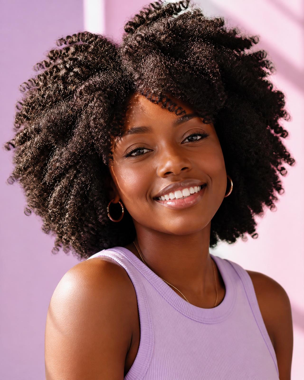 Mulher de cabelo crespo volumoso sorrindo, capa do e-book
