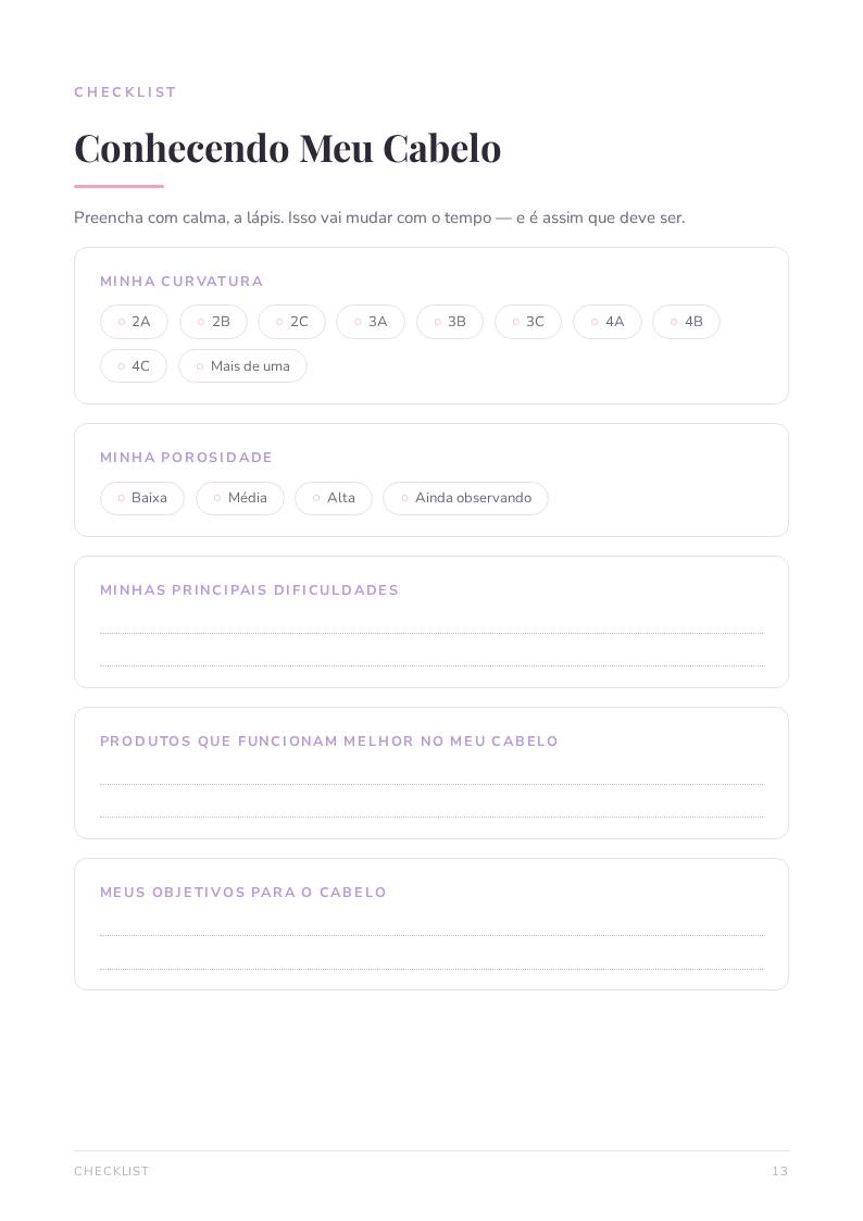 Página do checklist Conhecendo Meu Cabelo